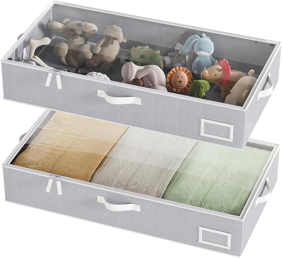 Under Bed Storage Containers, 2-Pack Underbed Storage Box, Collapsible Clothes Storage Bins with Handles and Lid, Medium Under Bed Organizers for Shoe, Blanket, Toy, Pillow, Sheet, Gray (23.5"L x 12.5"W x 5"H)
