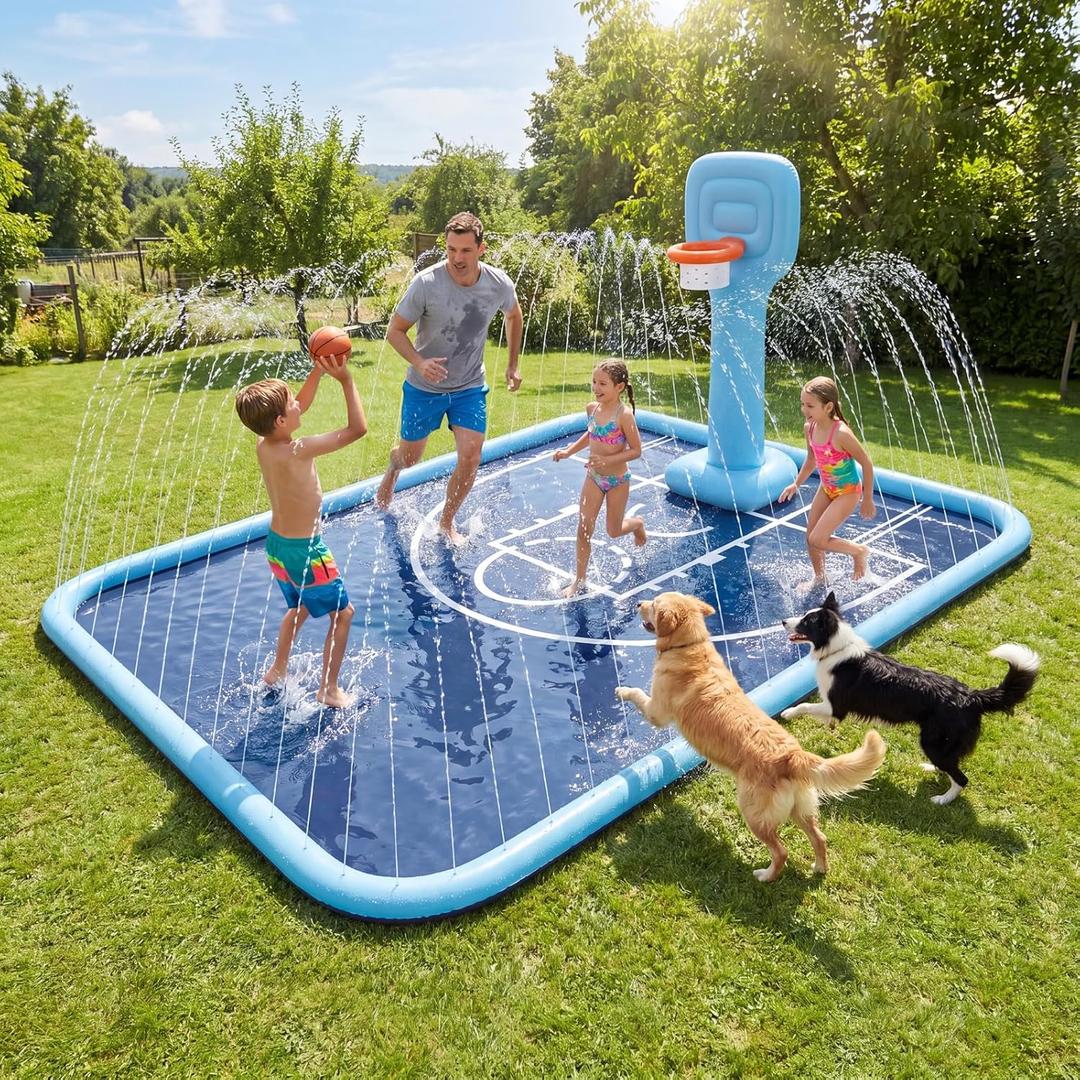 Splash Pad for Kids & Dogs, 138x118'' Large Sprinkler Pad with Basketball Hoop, Thickened Non-Slip Splash Mat, Outdoor Water Toy for Kids & Family Backyard Play