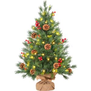 24 Inch Realistic Feel Thick Prelit Artificial Christmas Tree Tabletop Decorations Timer Battery Operated Pine Cones Red Berries Christmas Indoor Home Decoration (Pack of 1, Green)