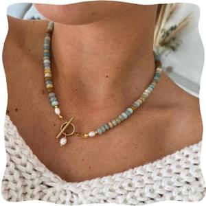 Amazonite Necklace, Colored Natural Stone Amazonite Beaded Necklace with Freshwater Pearl, 18 Inch Beaded Choker Summer Beach Jewelry for Women