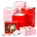 Maxcheck 50 Pcs Red Pink Bakery Boxes with Window 6x6x3 Inch Pink Red Cookie Treat Dessert Cupcake Charcuterie Box with Rope and Card for Valentines Teacher Wedding Baked Goods Giving Gift