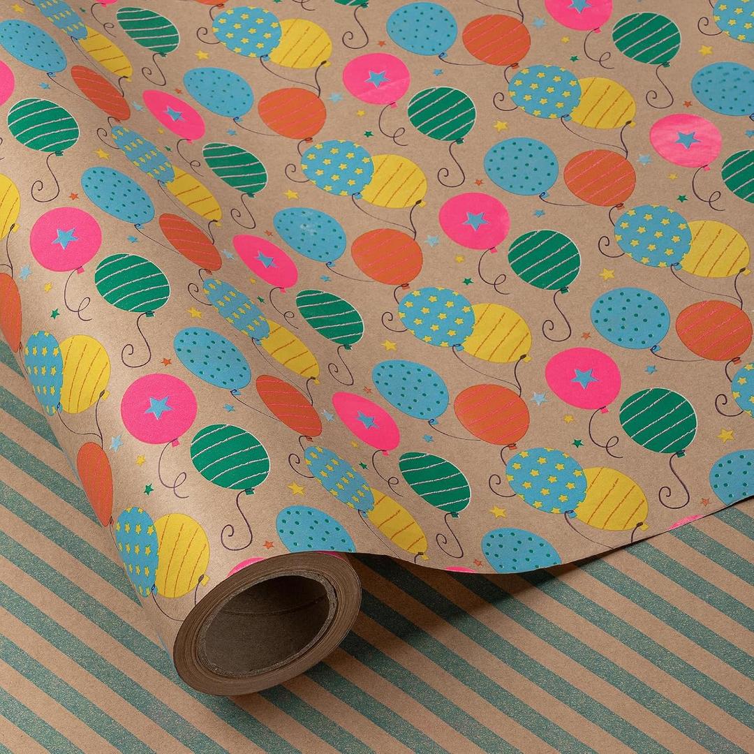 RUSPEPA Reversible Wrapping Paper Roll for Boys Girls Kids Men Women, Jumbo Roll, Colorful Balloon, Star and Stripe Patterns Kraft Wrap Paper Ideal for Birthday Party, 30 Inches X 32.8 Feet