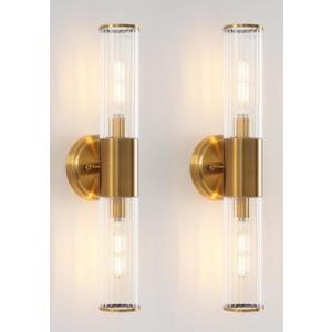 KUZZULL Wall Sconces Set Of Two Brushed Brass Gold Wall Mounted Lamp Indoor Sconces Wall Lighting With Stripped Glass Shade Mode