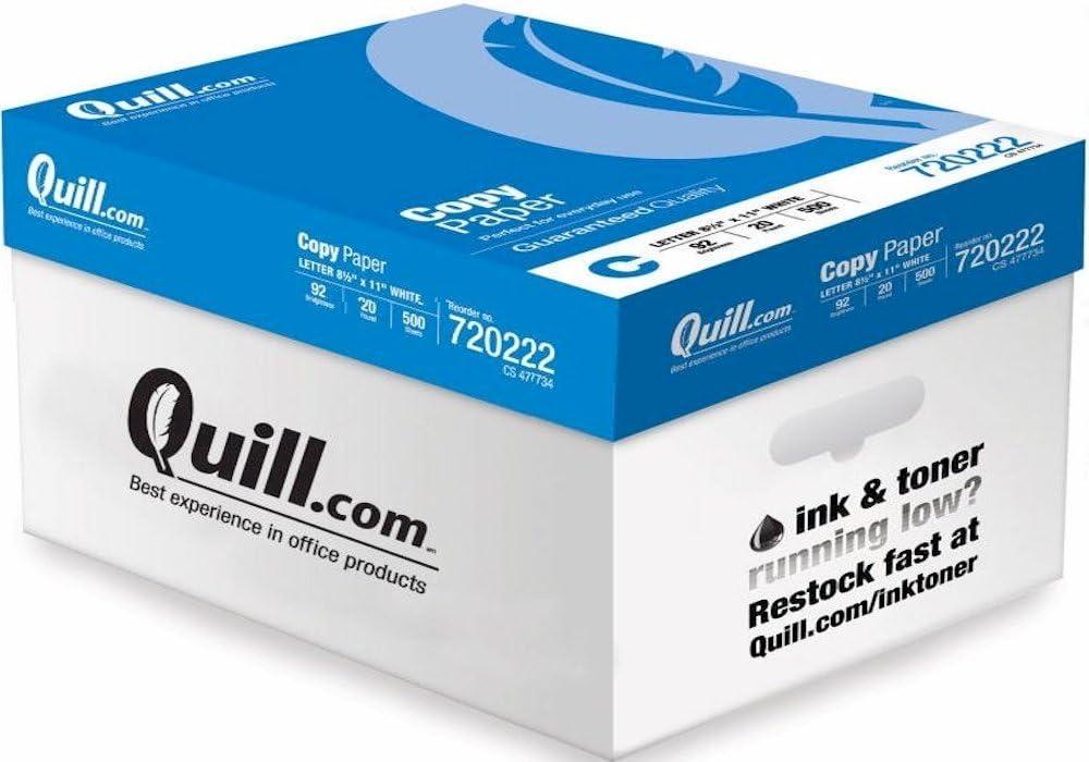 Quill Brand Multipurpose Copy Laser Inkjet Paper, 8 1/2 Inch x 11 Letter Size, 20 lb., 92 Bright White, Acid Free, 5000 Sheets/Case Carton (720222CT)