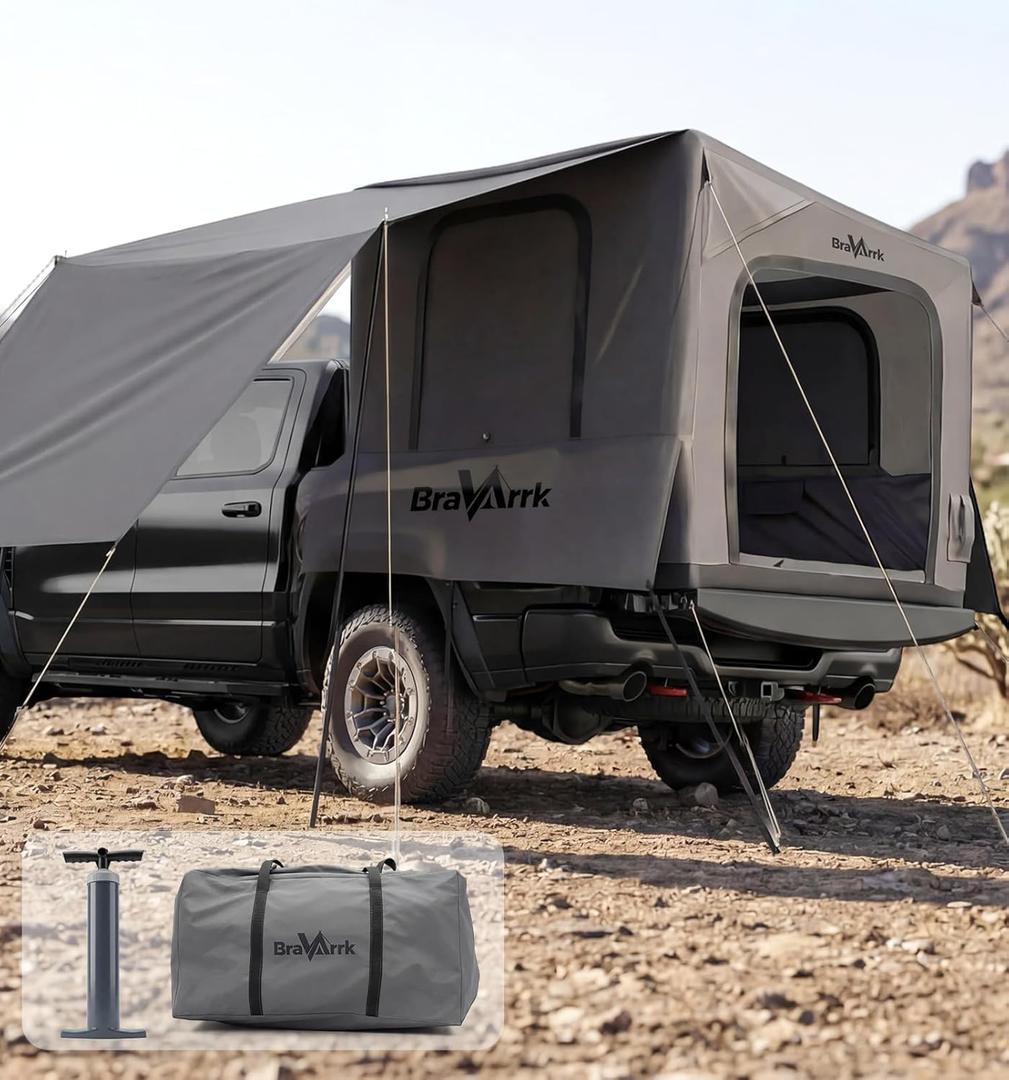 Inflatable Truck Bed Tent with Detachable Zippered Awning, Pickup Truck Tent for 5.5ft-8ft Bed, 2 Mins Fast Setup Blow Up Tent for Truck, PU3000 Waterproof Truck Tent for Camping