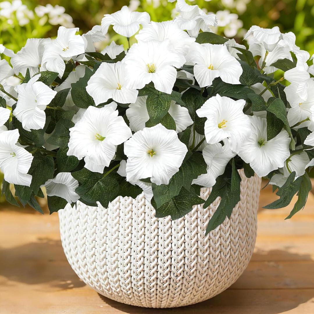 Artificial Flowers for Outdoors, Faux Petunias Spring Summer Decoration, Fake Flowers Plants UV Resistant Look Real Silk Flowers for Outside Planter Front Door Porch Patio Yard (6, White)
