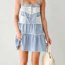 chouyatou Women's Summer Distressed Short Denim Overall Dress Adjustable Strap Lace Crochet Spliced Tiered Jean Dress (S)