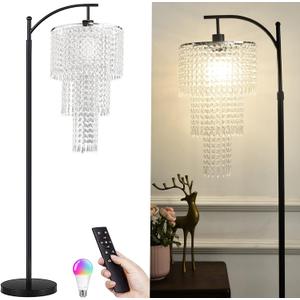 Arc Floor Lamp for Living Room Modern Floor Lamp with Remote Control,Dimmable Crystal Floor Lamps Black Standing Lamp with 10 Color Temperature Tall Chandelier Floor Lamps for Bedroom Corner (11.02Inch)