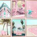 6Pcs pink Coastal Canvas Wall Art Fashion pink Beach Surfboard Wall Decor Pictures Beach Car Coconut Tree Summer Posters Prints for Sea View Room Living Room Bedroom Artwork Home Decoration Unframed