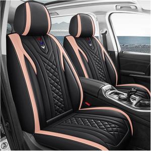 OUTOS Luxury Leather Auto Car Seat Covers 5 Seats Full Set Universal Fit (Bk-Pink 01)