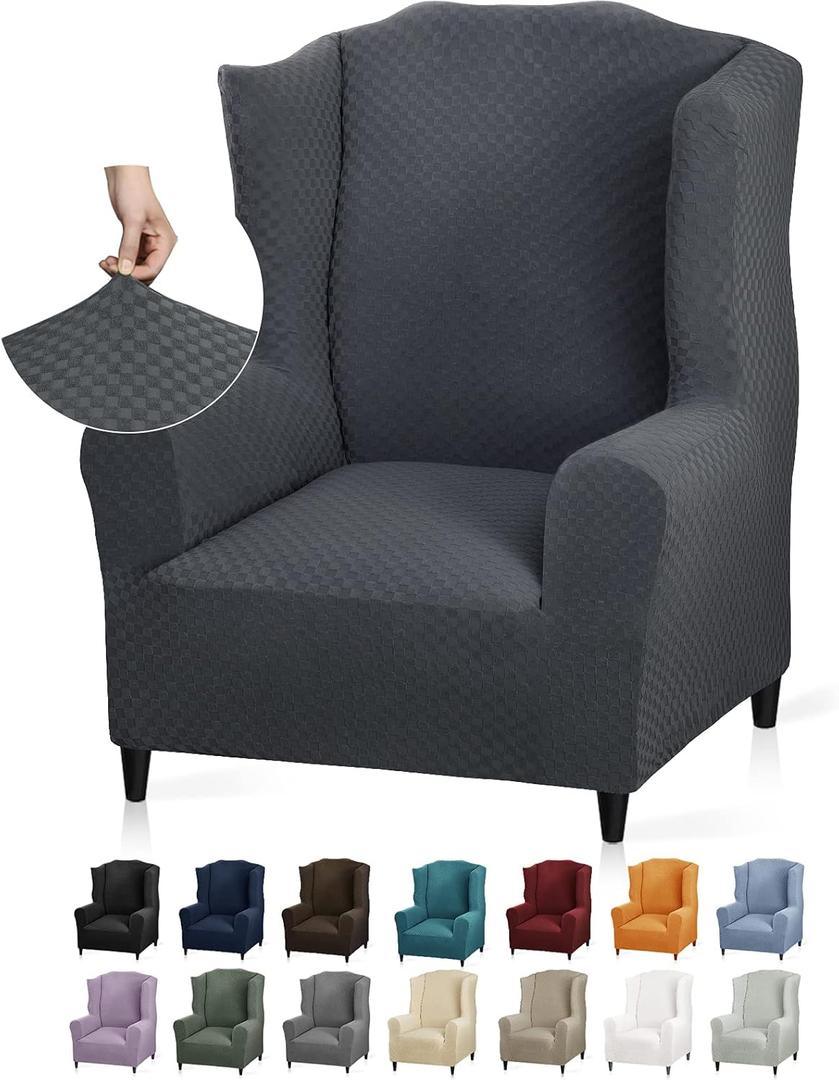 YEMYHOM 1 Piece Stretch Wingback Chair Slipcover Latest Jacquard Design Wing Chair Cover Non Slip Furniture Protector with Foam Rods for Living Room (Wing Chair, Dark Gray)