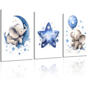 DULASI Set of 3 Gallery Wrapped Canvas Prints, Baby Boy Nursery Decor, Watercolor Moon Star Elephant Wall Art, Ready to Hang Nursery Decorations, Blue Kids Room Wall Art Blue Elephant, 16x24in - Wrapped Canvas