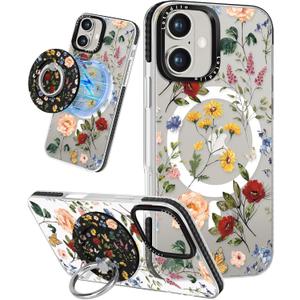 Case for iPhone 16 Plus Case Compatible with Magsafe Ring Holder Stand - for Women Retro Flower Design TPU Phone Cover for Girls Girly Funny Fashion