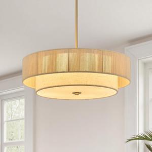 VONLUCE 17.7" Boho Rattan Chandelier, 4-Light Drum Chandelier with 2-Tier Woven Rattan Ceiling Light for Dining Room Bedroom Living Room with E26 Sockets, Nickel Finish, ETL Certified, 18inch
