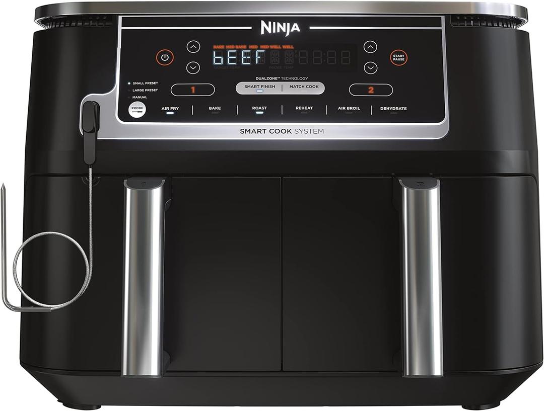 Ninja DZ550 Foodi 10 Quart 6-in-1 DualZone Smart XL Air Fryer with 2 Independent Baskets, Smart Cook Thermometer for Perfect Doneness, Match Cook & Smart Finish to Roast, Dehydrate & More, Grey 
