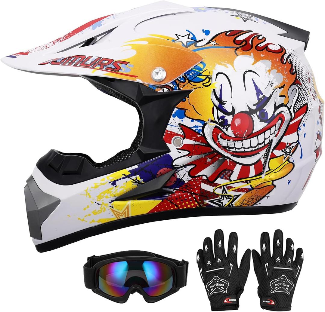 DOT Youth Dirt Bike Helmet with Goggles & Gloves for 5-14 Years Old, Kid ATV Helmets for Youth Boys Girls, Four Wheeler Helmet Kids, Motocross BMX MX UTV Offroad Street Go Kart Dirt Bike Joker (Large)