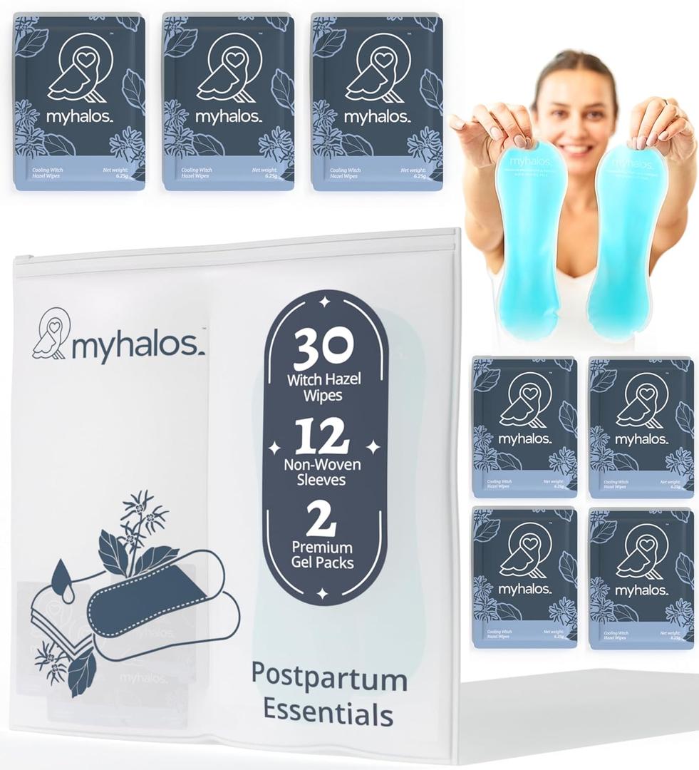 MyHalos 44 pcs- Witch Hazel Wipes & Perineal Ice Packs for Postpartum, Hemorrhoids & C Section Ice Packs for Postpartum -30 Alcohol Free Witch Hazel for Postpartum Care & Hemorrhoids Cold Postpartum
