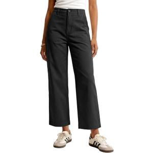 GRAPENT Wide Leg Pants for Women Cropped Chino High Waisted Business Casual Elastic Waist Work Trouser Pants with Pocket, S