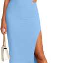 Ihot Women's Mock Neck Ruched Bodycon Dress Sleeveless Side Slit Cocktail Party Midi Dresses (Blue, S)