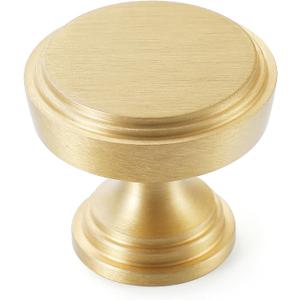 5-Pack Solid Brass Kitchen Cabinet Knobs, Modern Gold Drawer Knobs for Dresser, Round Step Cabinet Knobs Pulls, Brushed Finish, Diameter 1-11/64 Inches