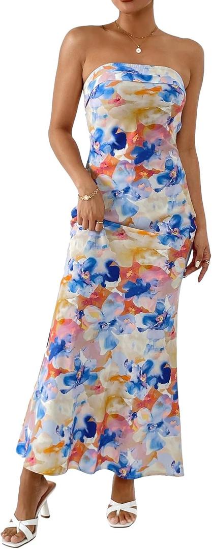 OYOANGLE Women's Floral Print Sleeveless Strapless Draped Backless Bodycon Summer Maxi Tube Dress (Large, Multicolor)