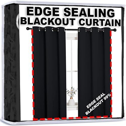 Homie Edge Seal Blackout Curtains Solid Thermal Insulated Grommet Black Curtains/Drapes for Bedroom Window (2 Panels, 42 inches Wide by 63 inches Long, Black) Pack of 3