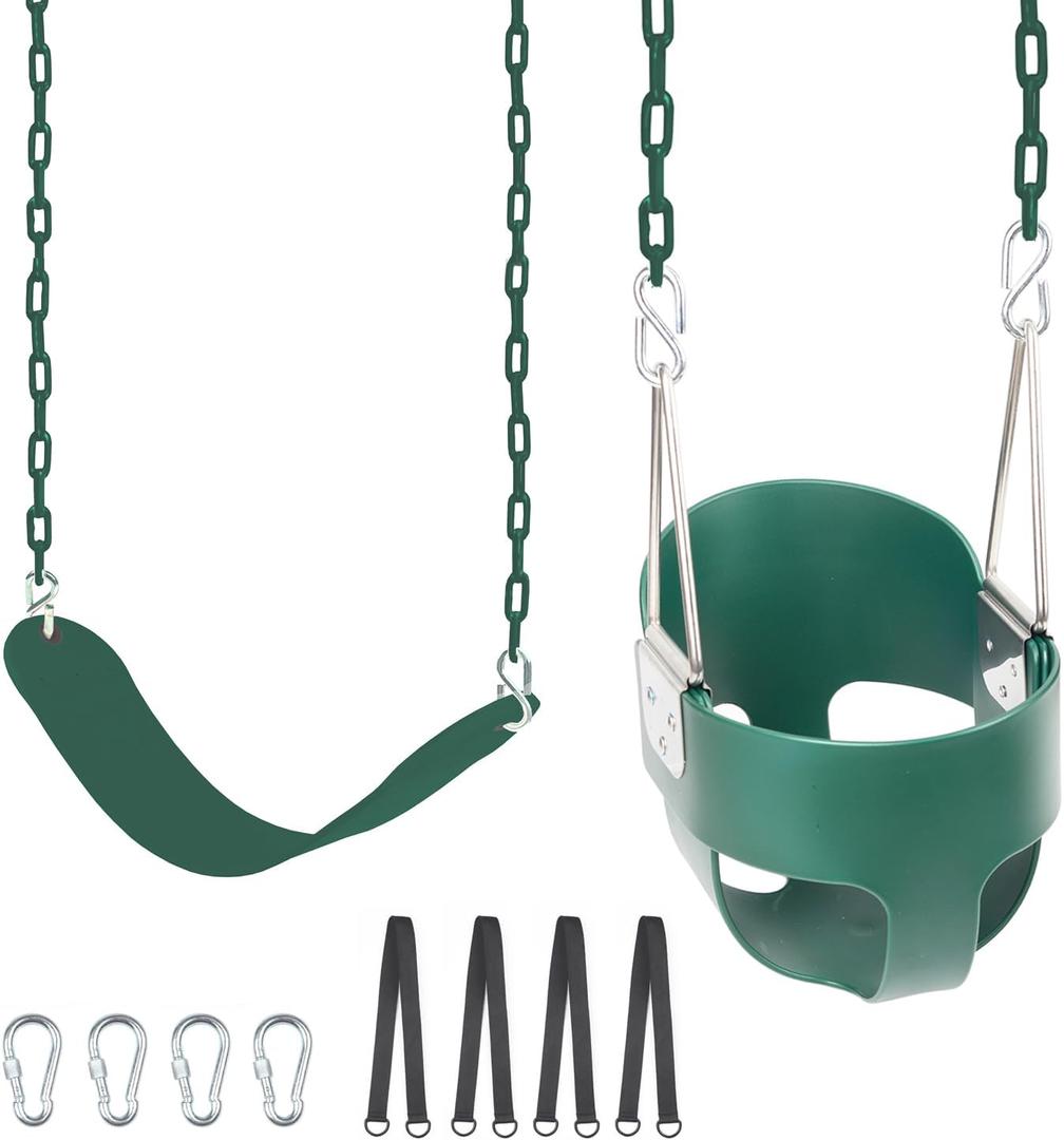 KINSPORY Toddler Swing Seat, Heavy-Duty High Back Fully Assembled Baby Swing, Iron Chain Eva Seat for Kids Indoor/Outdoor, Hanging Tree Straps for Quick Installation (Green)