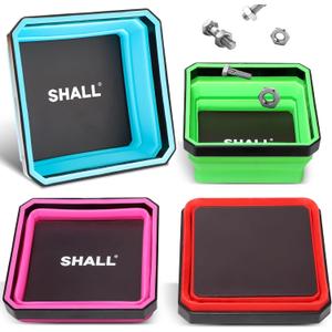 SHALL New Version Collapsible Magnetic Parts Tray Set, 4-Pack Magnetic Tool Trays for Screw Bolts Nuts Washers Pins & Small Metal Parts, 4.5 Square Silicone Foldable Bowls w/Dual-Sided Magnetic Base