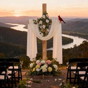 83 Inch Lawn Decorations Wood Cross and White Ribbons Eucalyptus Garlands Large Standing Cross Decoration Christian Religious Marriage Gifts for Ceremony and Reception Indoor Outdoor Decor