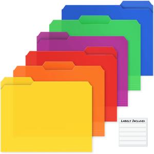 Dunwell Plastic Colored File Folders (12 Pack), 1/3 Tab Filing Folders for 8.5x11 Letter Size Documents, Assorted Colors, Acid-Free Poly, Includes Labels
