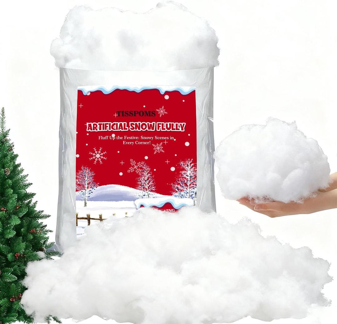 Tisspoms 4LB Christmas Fake Snow Cotton, Fluffy Artificial Snow Fiber Faux Snow Cotton Craft for Xmas Tree Christmas Winter Indoor Mantle Village Nativity Set Home Decoration Winter Party