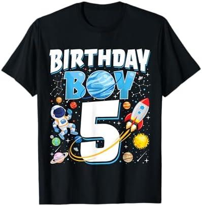 Boys 5th Birthday Astronaut Space Planets Five Years Old T-Shirt, Blue