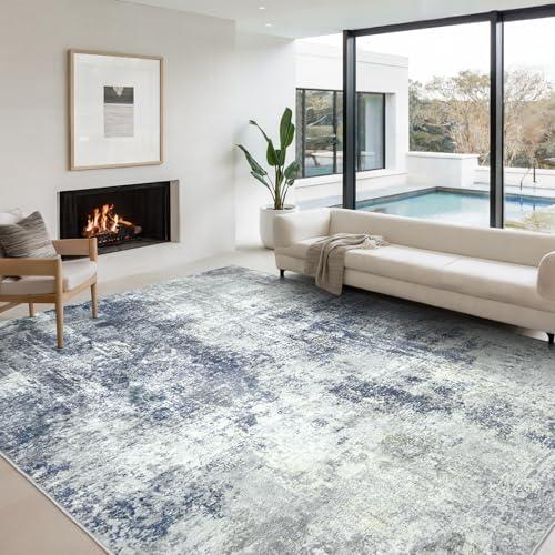 Washable Area Rug Living Room Rugs 9X12 - Neutral Modern Abstract Rugs Soft Carpet with Non Slip Backing for Under Dining Room Table, Bedroom, Home, Office, Denim Blue
