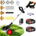 Electric Weed Wacker String Trimmer with 2 Battery Operated&Wheels&Metal Blades, Lightweight 4 in 1 Grass Trimmer/Brush Cutter/Lawn Edger/Mower for Garden Yard