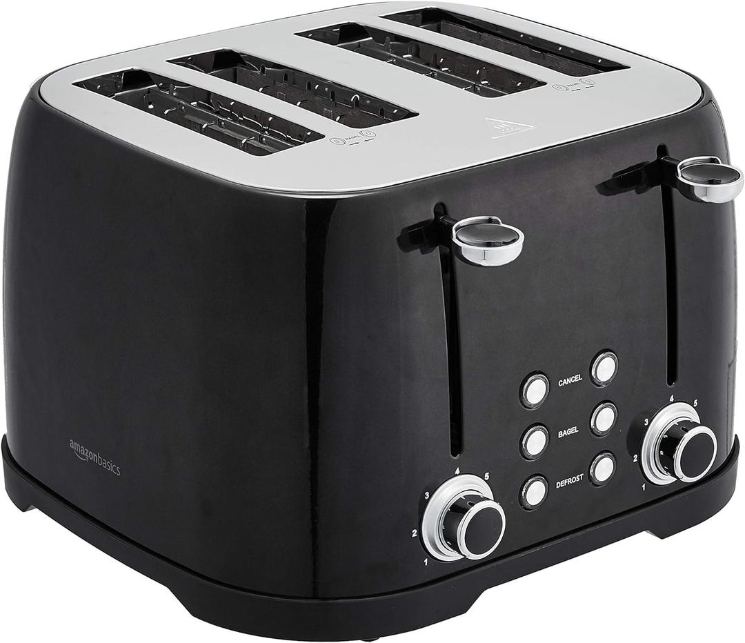 Amazon Basics 4 Slice Toaster with 4 Slots, 6 Browning Settings, Defrost, Removable Crumb Tray, Bagel Function, Cancel Button, 1600W, Black