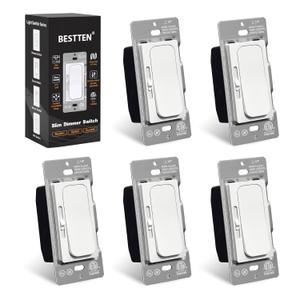 BESTTEN 5 Pack Super Slim Quiet Dimmer Light Switch, Smooth Slide Dimmer Switch, Single Pole or 3 Way Dimmable Light Switch, for LED, CFL, Incandescent, Halogen, ETL Listed, White