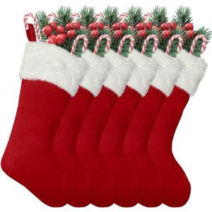 LinaGarten 6Pack Red Christmas Stockings Traditional 20 Inch Large Vintage Christmas Stocking Polyester Plush Luxury Xmas Stocking for Family Holiday Party Decor and Xmas Tree Fireplace Mantle Pet