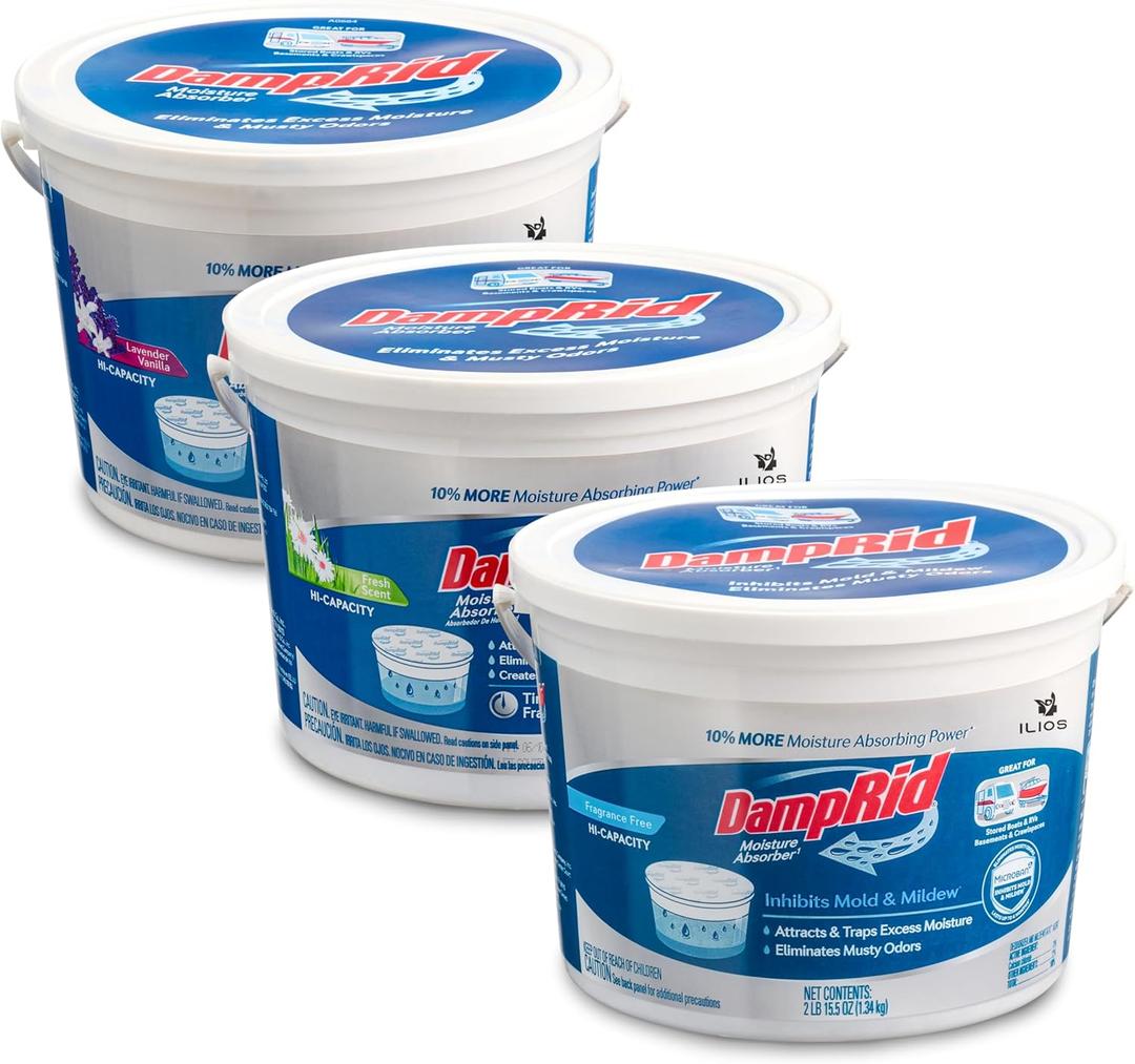Damp Rid Moisture Absorber Bucket 3 Pack (2 lb. each) Hi-Capacity Moisture Absorbers, Room Odor Eliminator for Bathroom, Fragrance Free, Lavender Vanilla & Fresh Scent Packed By ILIOS