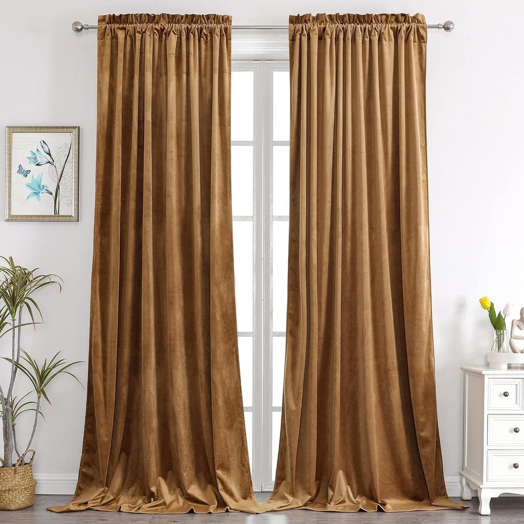 Benedeco Camel Velvet Curtains for Bedroom Window, Super Soft Luxury Drapes, Room Darkening Thermal Insulated Rod Pocket Curtain for Living Room, W52 by L108 inches, 2 Panels