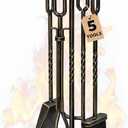 AMAGABELI GARDEN & HOME 5 Pieces Fireplace Tools Sets Wrought Iron Fireplace Set Antique Brass Copper with Poker Tongs Broom Shovel Stand Indoor Fire Place Kit Wood Stove Hearth Accessories Gold