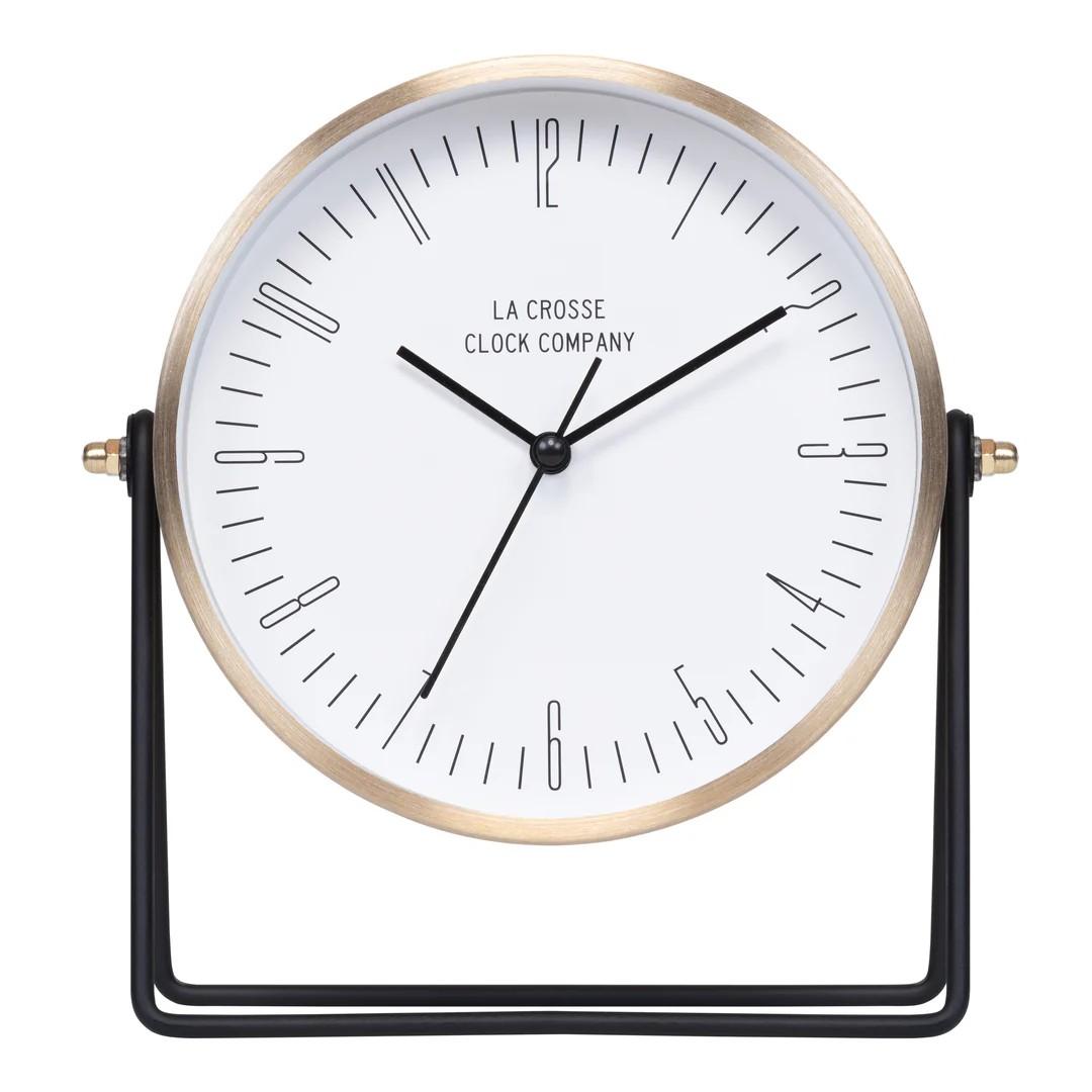 La Crosse Clock 404-3719 Stiles Swivel Tabletop Silent Sweeping Analog Quartz Metal Clock with Mirror