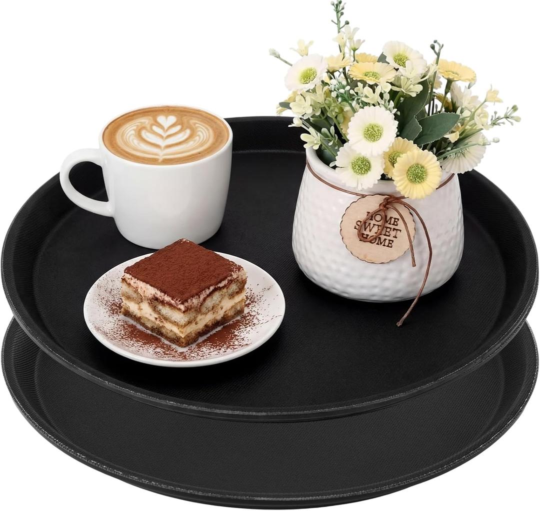 2 Pcs Black Restaurant Serving Trays Bulk Plastic Non Slip Surface Round Drink Tray with Raised Edges for Food Meals Drink Bar Kitchen Hotel Cocktail Party (16 Inch)