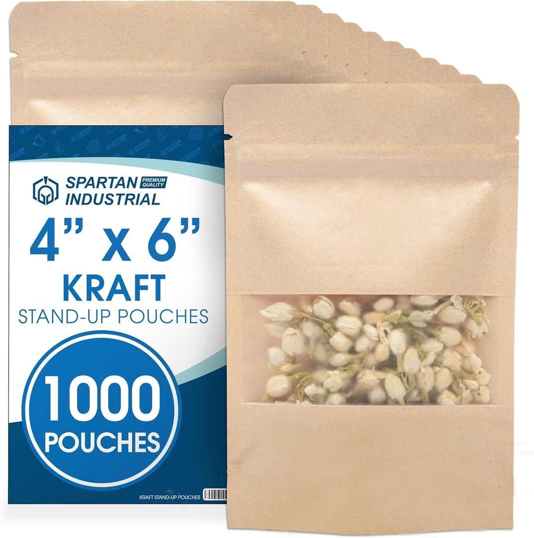 Spartan Industrial - 4" X 6" Kraft Paper Resealable Stand-Up Pouches - Pack of 1000 Small Smell-Proof Storage Pouches for Food Packaging, Pet Treats, Cosmetics, and More
