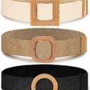 Syhood 3 Pieces Straw Woven Elastic Waist Belt for Women Bohemian Dress Braided Belt (Fit Waist Size Below 40'', Black, Khaki, Beige)