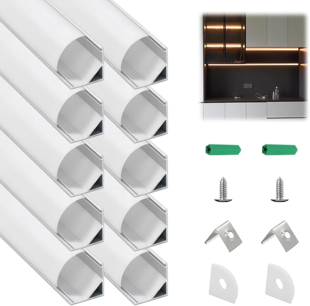 10-Pack V Shape LED Channel with Milky White Diffuser, 3.3ft/1M Silver Aluminum Channel for LED Strips, Angled LED Strip Diffuser Track Profile for Under Cabinet Lighting