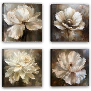 ChaudArt 4 Pieces Peony Flower Canvas Wall Art Peonies Floral Pictures Set Abstract White Blossom Paintings for Bedroom Living Room Home Office Decor