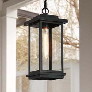 LALUZ Black Outdoor Pendant Lights for Porch, Modern Farmhouse Outdoor Pendant Light Fixture with Clear Glass, Rectangular Exterior Hanging Lantern Light Fixtures
