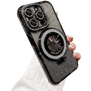 Bling Glitter Phone Case Compatible with iPhone 15 Pro Max, Kickstand Camera Lens Protector Soft Cover Sparkling Rhinestone Case (Black)