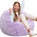 Fluffy Bean Bag Chair for Kids, 2.5FT Round Memory Foam Filled Bean Bag for Teens & Kids, Ultra Soft Faux Fur Fabric Bean Bag Chairs for Playroom, Living Room, Bedroom, Lavender (Small, Purple)