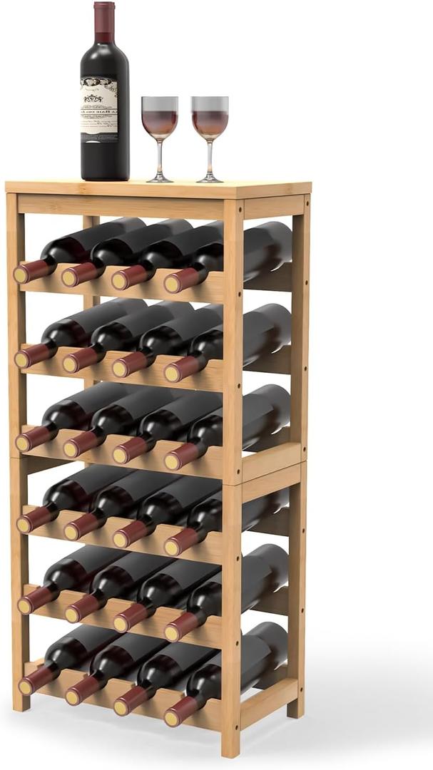 6 Tier Wine Rack Freestanding Floor, 24-Bottle Bamboo Wine Storage Shelf Display Rack with Table Top for Kitchen Bar Cellar